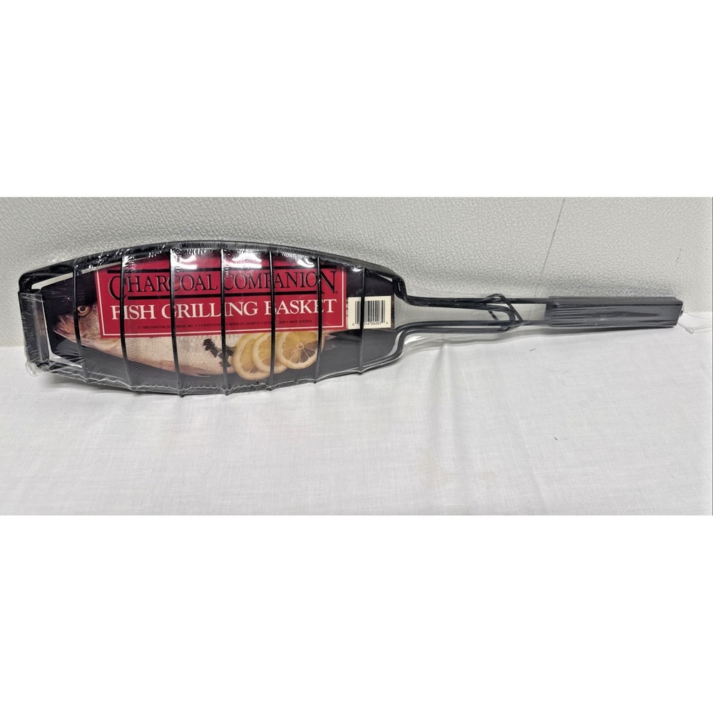 NOS Charcoal Companion Fish Grilling Basket Metal w/ Wood Handle